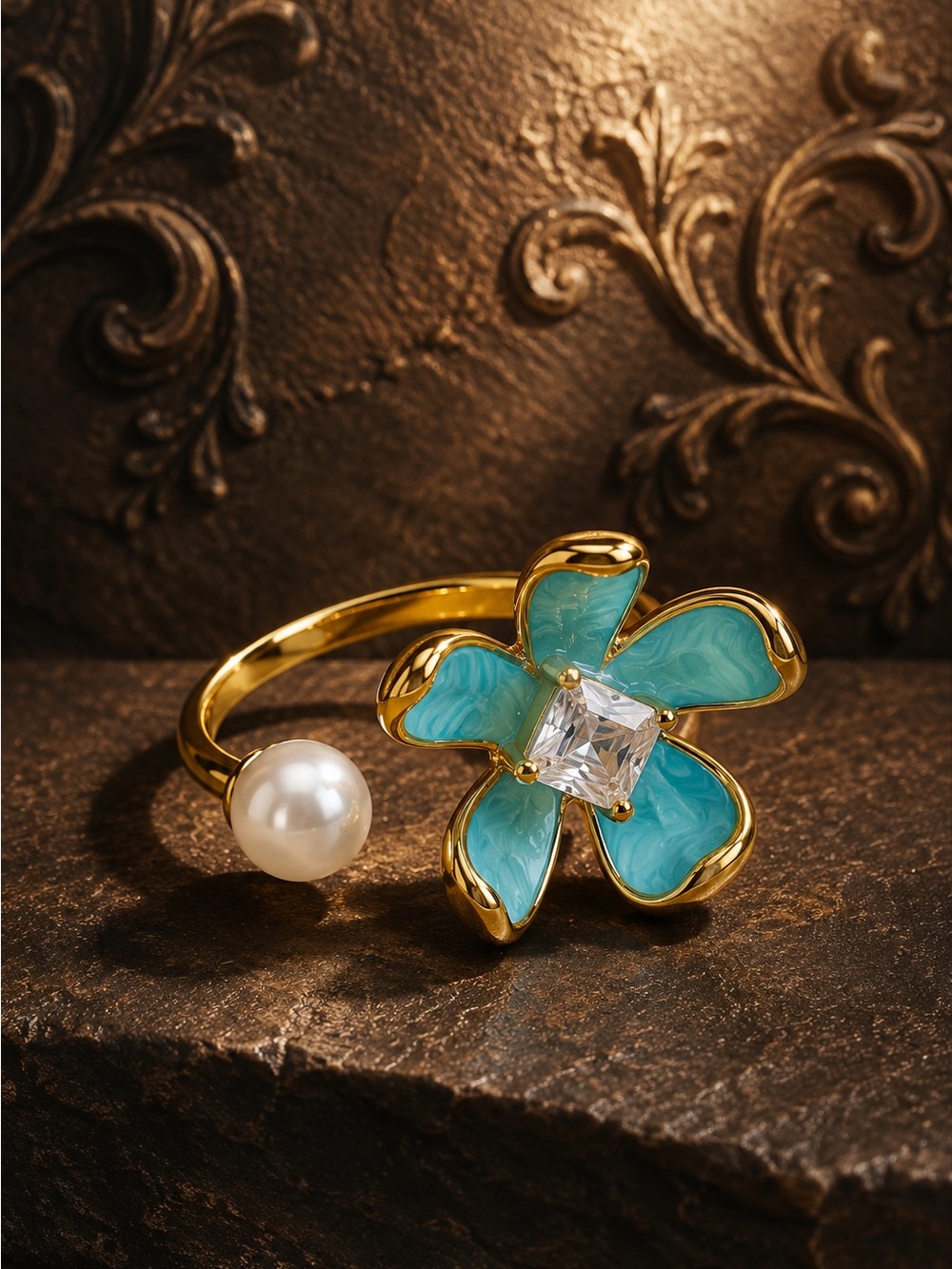 Gold plated Ring with Turquoise Enamel Flower and Pearl - Picture 6 of 9